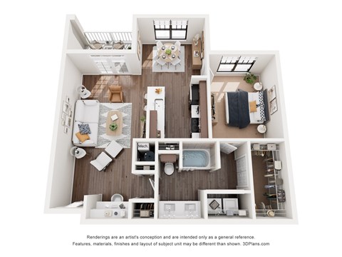 Floor plan for 1 bed, 1 bath, 898 sqft